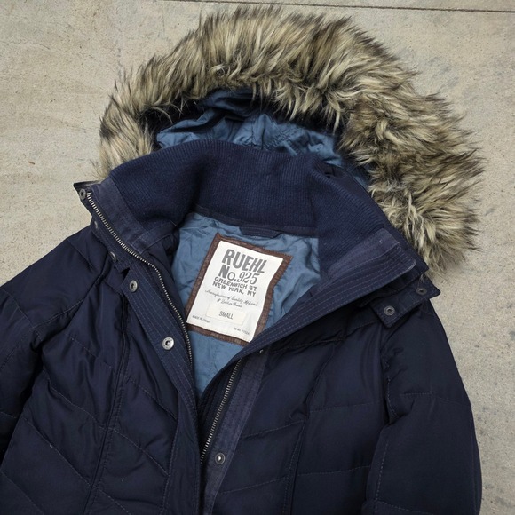 VTG Y2K Ruehl No.925 Women's Puffer Coat Faux Fur Hooded Jacket Small‎ Navy Blue - Picture 1 of 8